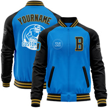 Laden Sie das Bild in den Galerie-Viewer, Custom Powder Blue Old Gold-Black Bomber Varsity Letterman Two Tone Zipper Jacket
