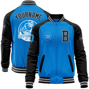 Custom Powder Blue Gray-Black Bomber Varsity Letterman Two Tone Zipper Jacket