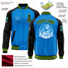 Laden Sie das Bild in den Galerie-Viewer, Custom Powder Blue Neon Green-Black Bomber Varsity Letterman Two Tone Zipper Jacket
