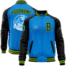 Laden Sie das Bild in den Galerie-Viewer, Custom Powder Blue Neon Green-Black Bomber Varsity Letterman Two Tone Zipper Jacket
