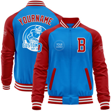 Custom Powder Blue White-Red Bomber Varsity Letterman Two Tone Zipper Jacket