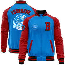 Laden Sie das Bild in den Galerie-Viewer, Custom Powder Blue Black-Red Bomber Varsity Letterman Two Tone Zipper Jacket
