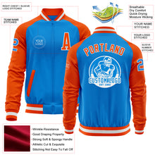 Laden Sie das Bild in den Galerie-Viewer, Custom Powder Blue White-Orange Bomber Varsity Letterman Two Tone Zipper Jacket
