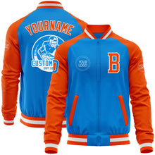 Laden Sie das Bild in den Galerie-Viewer, Custom Powder Blue White-Orange Bomber Varsity Letterman Two Tone Zipper Jacket
