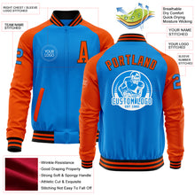 Laden Sie das Bild in den Galerie-Viewer, Custom Powder Blue Black-Orange Bomber Varsity Letterman Two Tone Zipper Jacket
