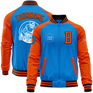 Custom Powder Blue Black-Orange Bomber Varsity Letterman Two Tone Zipper Jacket