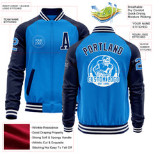 Laden Sie das Bild in den Galerie-Viewer, Custom Powder Blue White-Navy Bomber Varsity Letterman Two Tone Zipper Jacket
