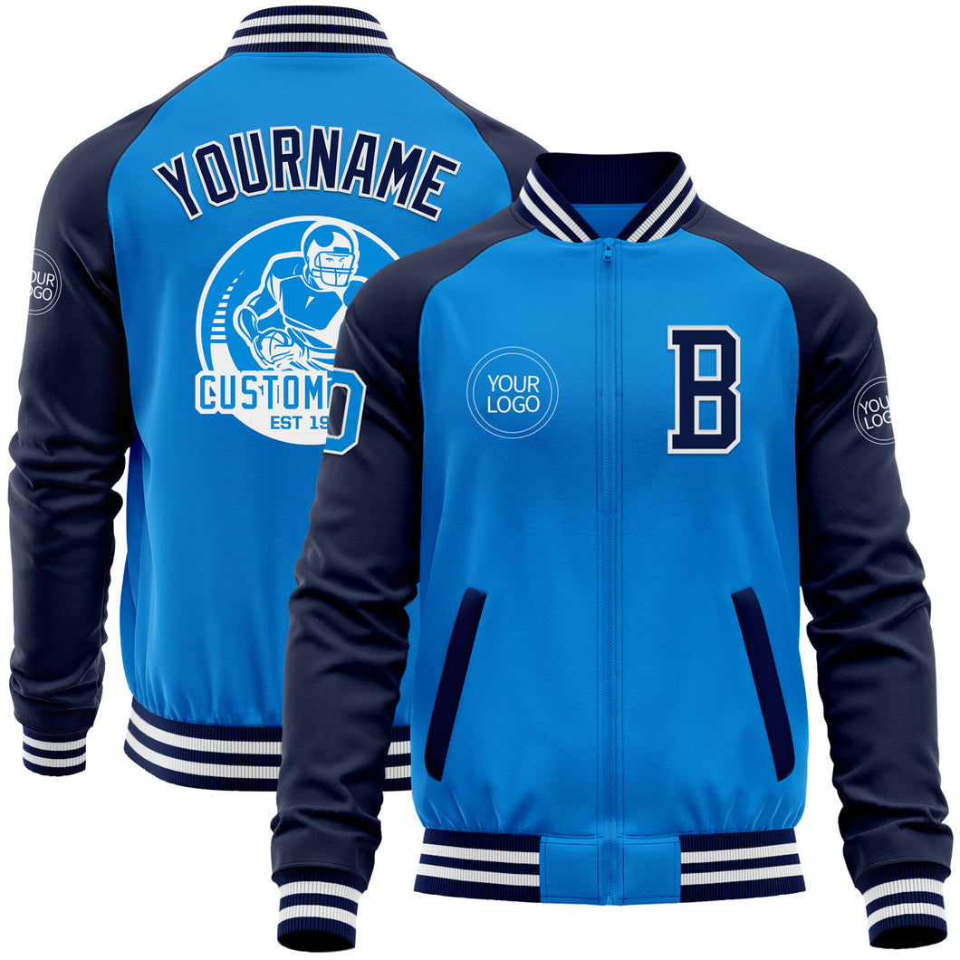 Custom Powder Blue White-Navy Bomber Varsity Letterman Two Tone Zipper Jacket