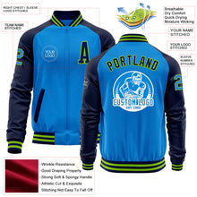 Laden Sie das Bild in den Galerie-Viewer, Custom Powder Blue Neon Green-Navy Bomber Varsity Letterman Two Tone Zipper Jacket
