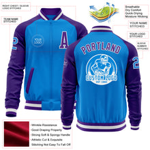 Laden Sie das Bild in den Galerie-Viewer, Custom Powder Blue White-Purple Bomber Varsity Letterman Two Tone Zipper Jacket
