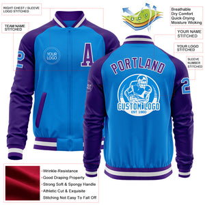 Custom Powder Blue White-Purple Bomber Varsity Letterman Two Tone Zipper Jacket