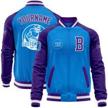 Laden Sie das Bild in den Galerie-Viewer, Custom Powder Blue White-Purple Bomber Varsity Letterman Two Tone Zipper Jacket
