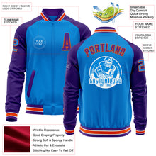 Laden Sie das Bild in den Galerie-Viewer, Custom Powder Blue Orange-Purple Bomber Varsity Letterman Two Tone Zipper Jacket
