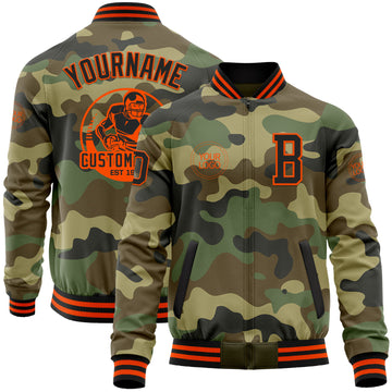 Custom Camo Black-Orange Bomber Varsity Letterman Salute To Service Zipper Jacket