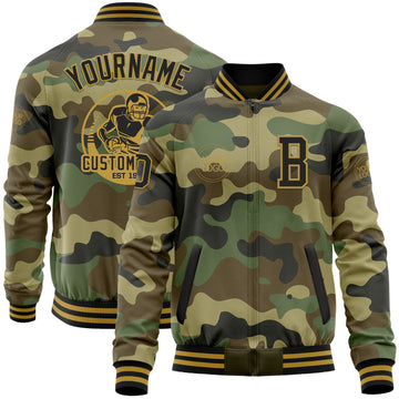 Custom Camo Black-Old Gold Bomber Varsity Letterman Salute To Service Zipper Jacket