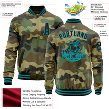 Laden Sie das Bild in den Galerie-Viewer, Custom Camo Black-Teal Bomber Varsity Letterman Salute To Service Zipper Jacket
