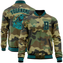 Laden Sie das Bild in den Galerie-Viewer, Custom Camo Black-Teal Bomber Varsity Letterman Salute To Service Zipper Jacket
