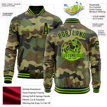 Загрузить изображение в средство просмотра галереи, Custom Camo Black-Neon Green Bomber Varsity Letterman Salute To Service Zipper Jacket
