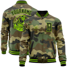 Загрузить изображение в средство просмотра галереи, Custom Camo Black-Neon Green Bomber Varsity Letterman Salute To Service Zipper Jacket
