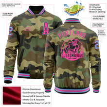 Загрузить изображение в средство просмотра галереи, Custom Camo Light Blue Black-Pink Bomber Varsity Letterman Salute To Service Zipper Jacket
