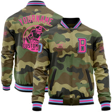 Загрузить изображение в средство просмотра галереи, Custom Camo Light Blue Black-Pink Bomber Varsity Letterman Salute To Service Zipper Jacket
