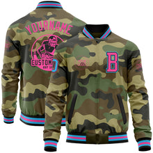 Load image into Gallery viewer, Custom Camo Sky Blue Black-Pink Bomber Varsity Letterman Salute To Service Zipper Jacket
