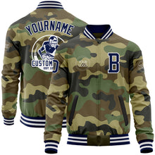 Load image into Gallery viewer, Custom Camo Navy-White Bomber Varsity Letterman Salute To Service Zipper Jacket
