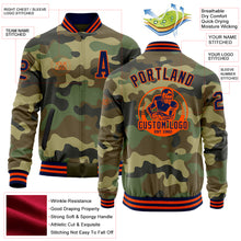 Load image into Gallery viewer, Custom Camo Navy-Orange Bomber Varsity Letterman Salute To Service Zipper Jacket
