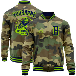 Custom Camo Navy-Neon Green Bomber Varsity Letterman Salute To Service Zipper Jacket