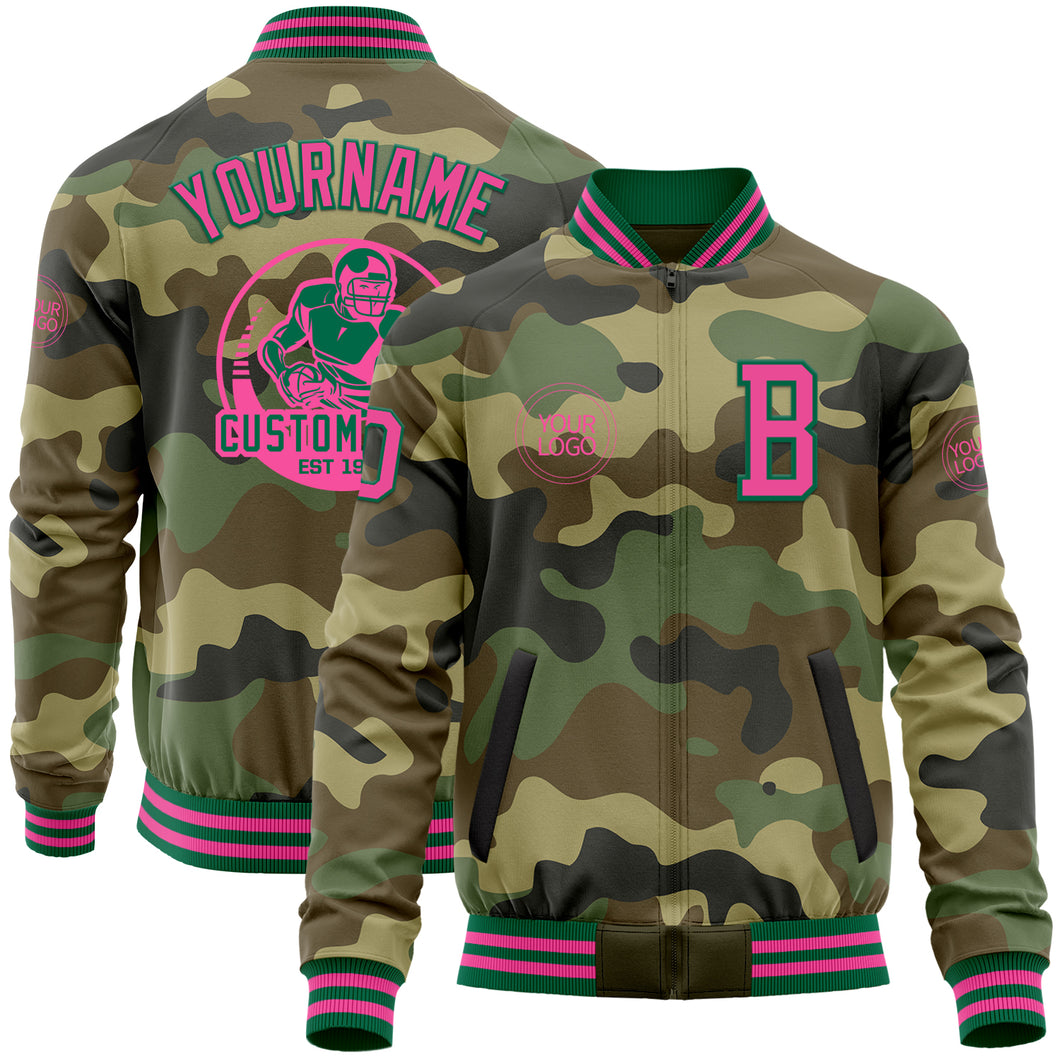 Custom Camo Pink-Kelly Green Bomber Varsity Letterman Salute To Service Zipper Jacket