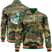 Загрузить изображение в средство просмотра галереи, Custom Camo Kelly Green-Orange Bomber Varsity Letterman Salute To Service Zipper Jacket
