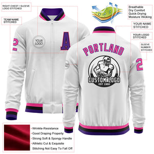 Custom White Pink Purple-Black Bomber Varsity Letterman Zipper Jacket