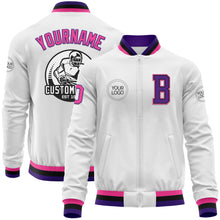 Load image into Gallery viewer, Custom White Pink Purple-Black Bomber Varsity Letterman Zipper Jacket
