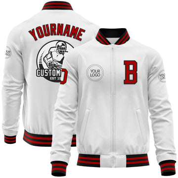 Custom White Red-Black Bomber Varsity Letterman Zipper Jacket