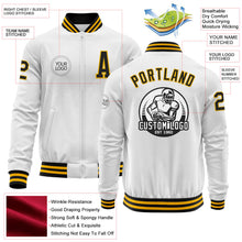 Laden Sie das Bild in den Galerie-Viewer, Custom White Black-Gold Bomber Varsity Letterman Zipper Jacket
