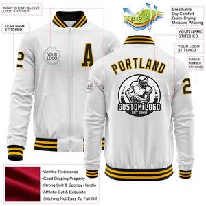 Custom White Black-Gold Bomber Varsity Letterman Zipper Jacket