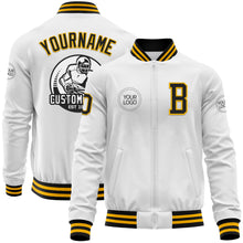 Laden Sie das Bild in den Galerie-Viewer, Custom White Black-Gold Bomber Varsity Letterman Zipper Jacket
