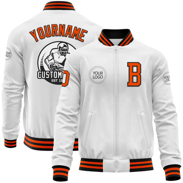 Custom White Orange-Black Bomber Varsity Letterman Zipper Jacket