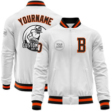 Laden Sie das Bild in den Galerie-Viewer, Custom White Black-Orange Bomber Varsity Letterman Zipper Jacket
