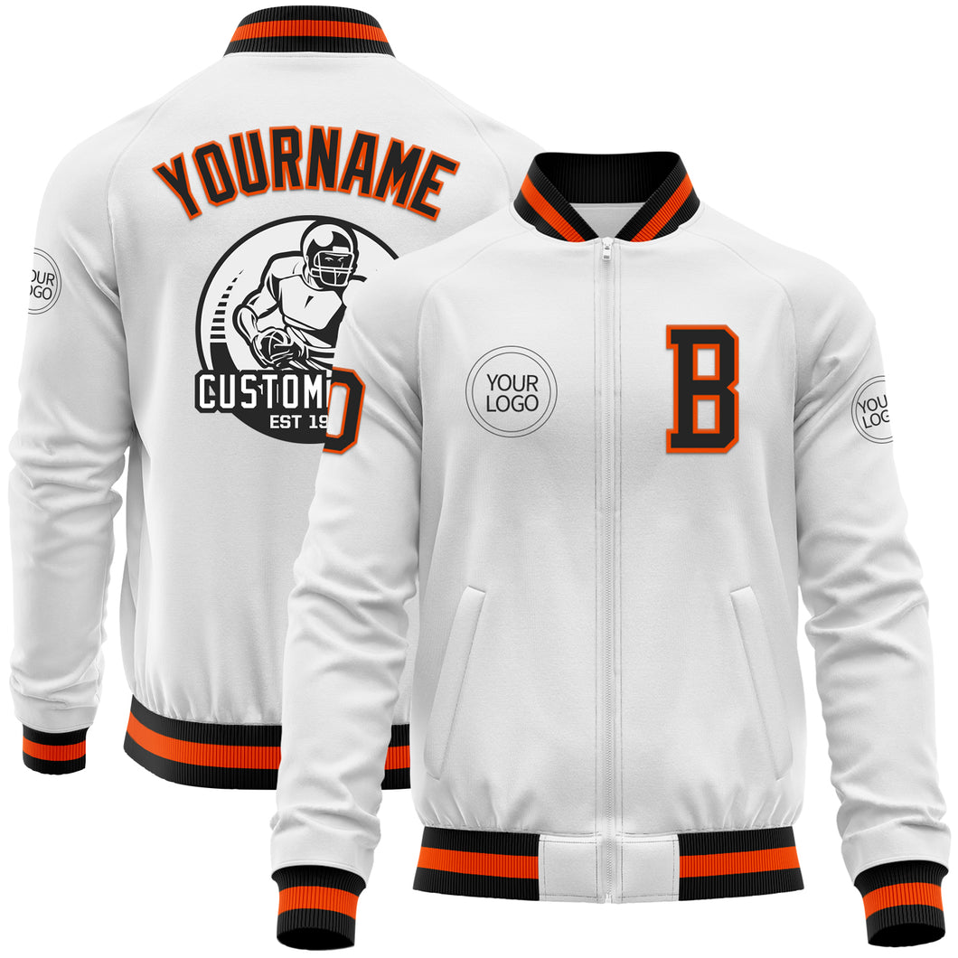 Custom White Black-Orange Bomber Varsity Letterman Zipper Jacket