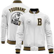 Laden Sie das Bild in den Galerie-Viewer, Custom White Black-Old Gold Bomber Varsity Letterman Zipper Jacket
