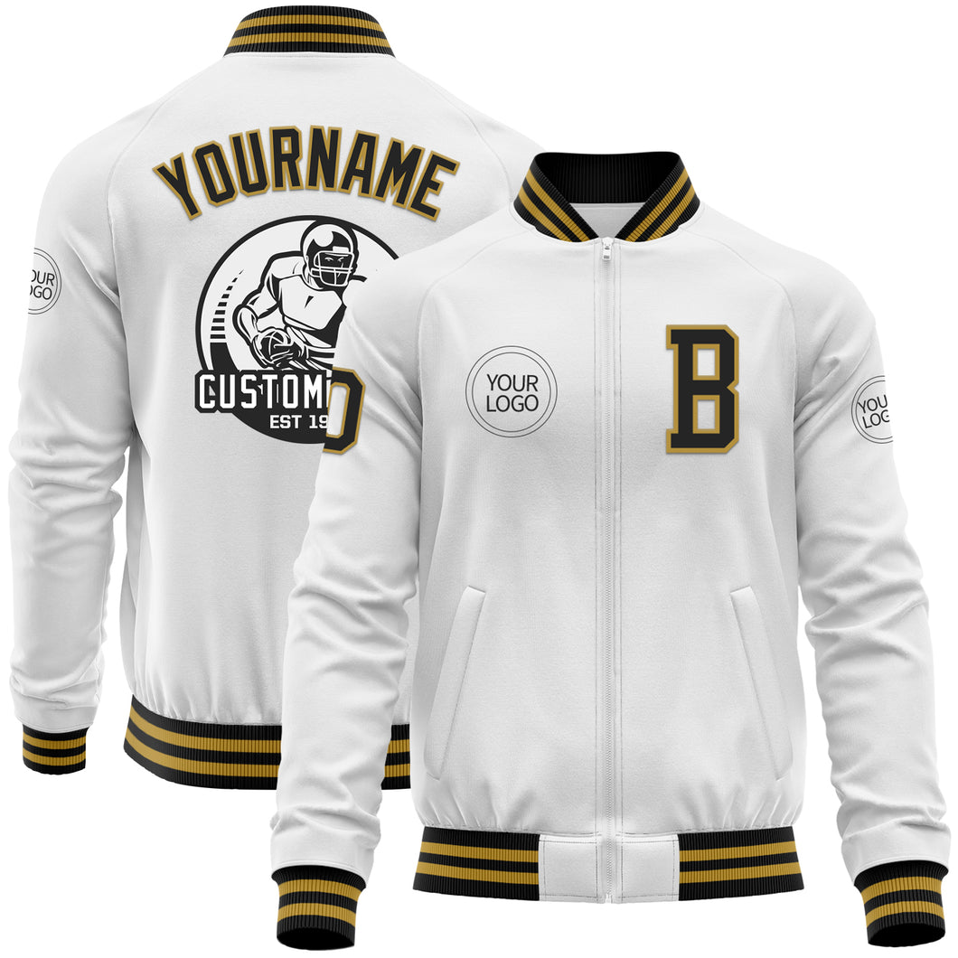 Custom White Black-Old Gold Bomber Varsity Letterman Zipper Jacket