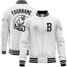 Laden Sie das Bild in den Galerie-Viewer, Custom White Black-Gray Bomber Varsity Letterman Zipper Jacket
