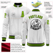 Load image into Gallery viewer, Custom White Neon Green-Black Bomber Varsity Letterman Zipper Jacket
