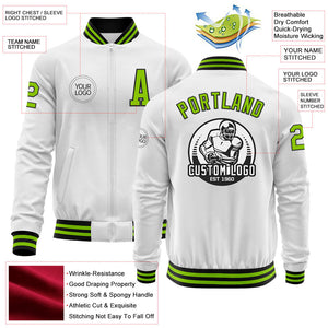 Custom White Neon Green-Black Bomber Varsity Letterman Zipper Jacket