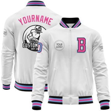 Custom White Light Blue Black-Pink Bomber Varsity Letterman Zipper Jacket