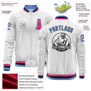 Custom White Light Blue Black-Pink Bomber Varsity Letterman Zipper Jacket