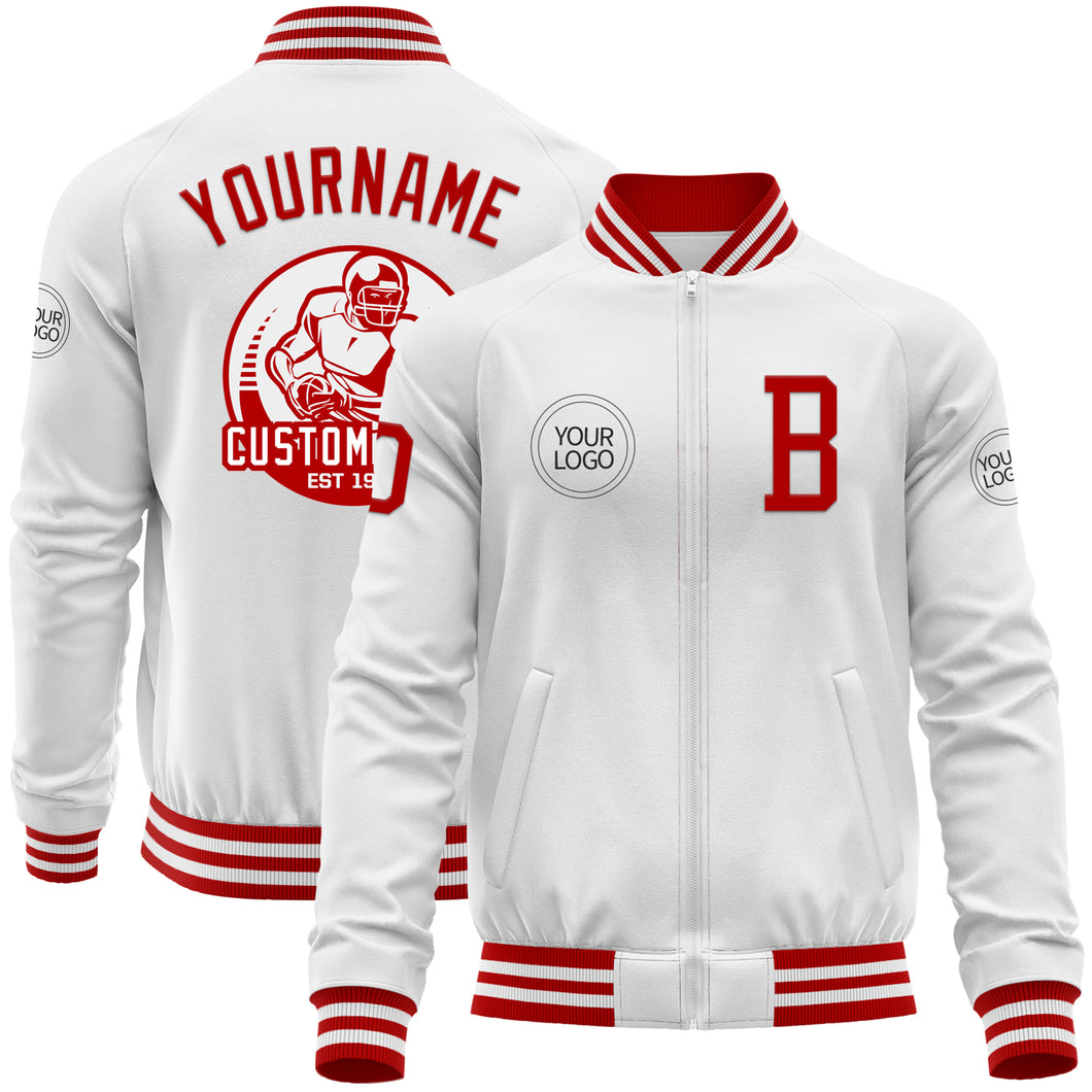 Custom White Red Bomber Varsity Letterman Zipper Jacket