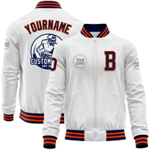 Load image into Gallery viewer, Custom White Navy-Orange Bomber Varsity Letterman Zipper Jacket
