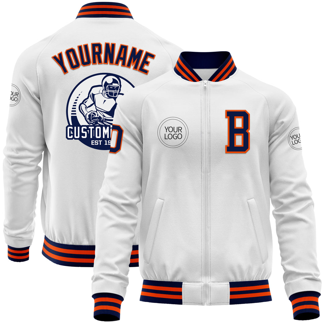 Custom White Navy-Orange Bomber Varsity Letterman Zipper Jacket